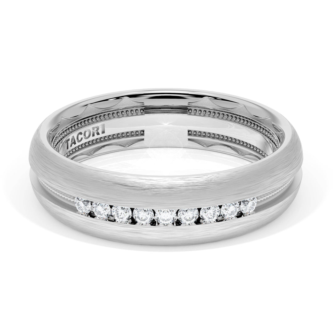 Rounded Brush Finish Diamond Wedding Band in 18kt White Gold