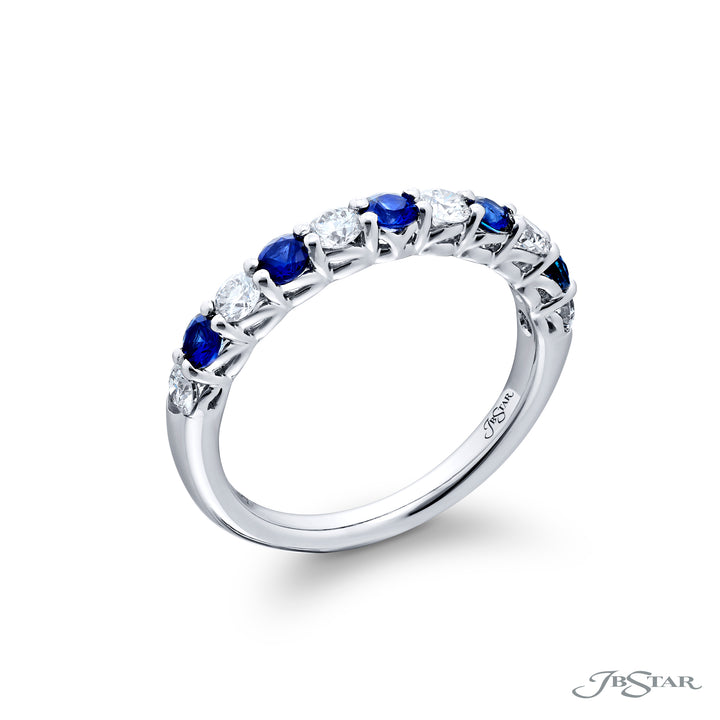 Elegance Elevated: Our classic single row Sapphire and Diamond Band. These stunning round sapphires accompany round diamonds and are handcrafted in pure platinum.
