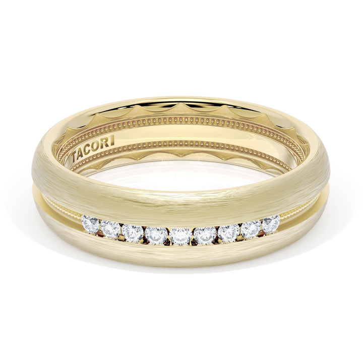 Rounded Brush Finish Diamond Wedding Band in 18kt Yellow Gold