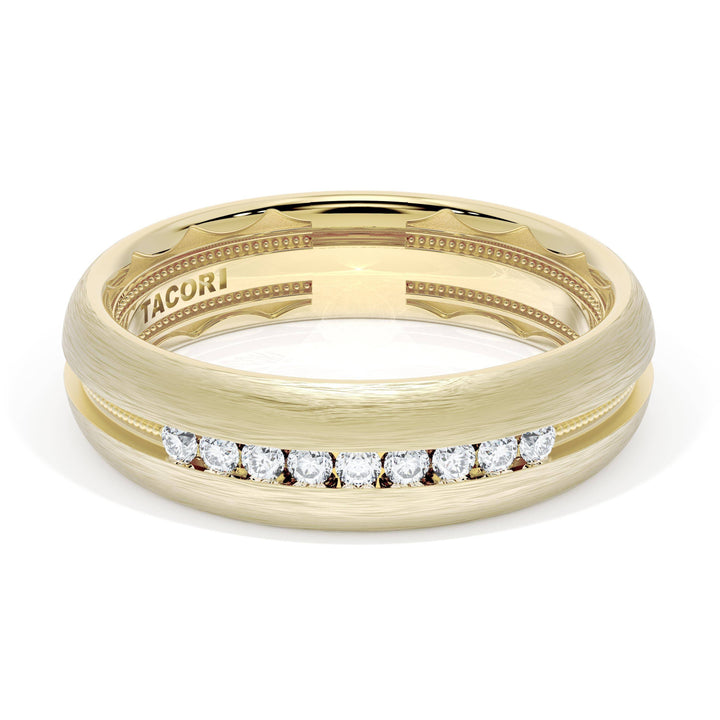 Rounded Brush Finish Diamond Wedding Band in 18kt Yellow Gold