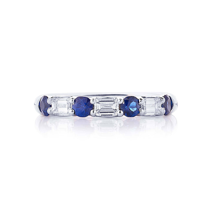 Elegance Elevated: Classic Single-Row Sapphire and Emerald-Cut Diamond Band in Platinum