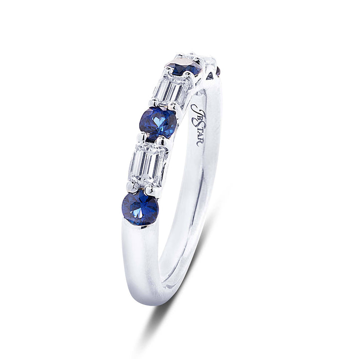 Elegance Elevated: Classic Single-Row Sapphire and Emerald-Cut Diamond Band in Platinum