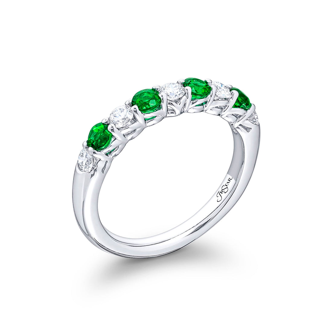 Elegance Elevated: Classic Single-Row Emerald and Diamond Band in Platinum