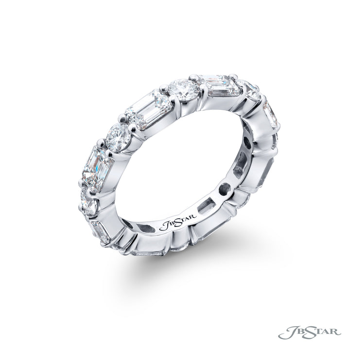 Alluring Eternity: Our stunning single row East-West 3.66 ctw. Diamond Eternity Band. These dazzling round and emerald-cut diamonds are handcrafted in pure platinum.