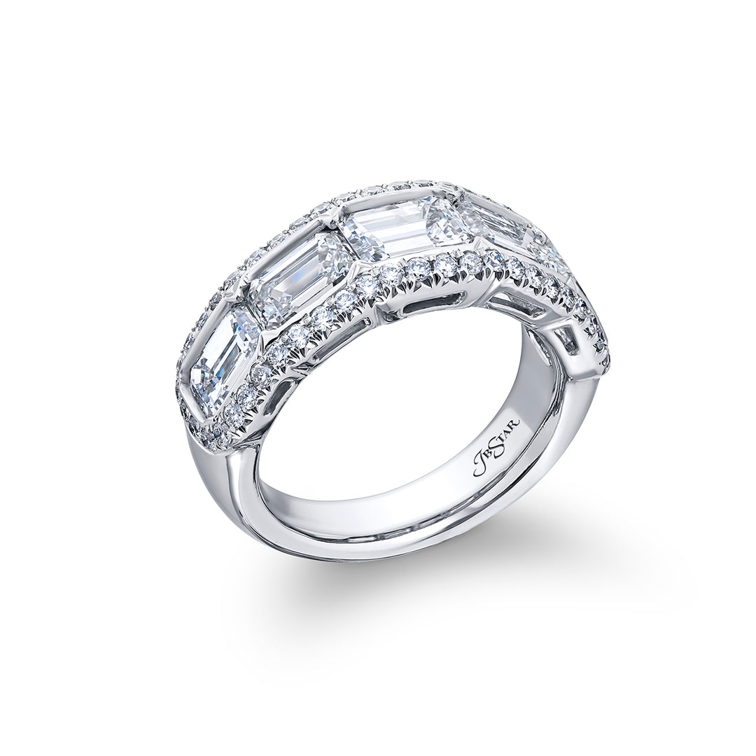 Elegance Elevated: Our signature Bezel East-West Diamond Band. These five gorgeous emerald-cut diamonds embraced by micro pave diamonds are handcrafted in pure platinum.