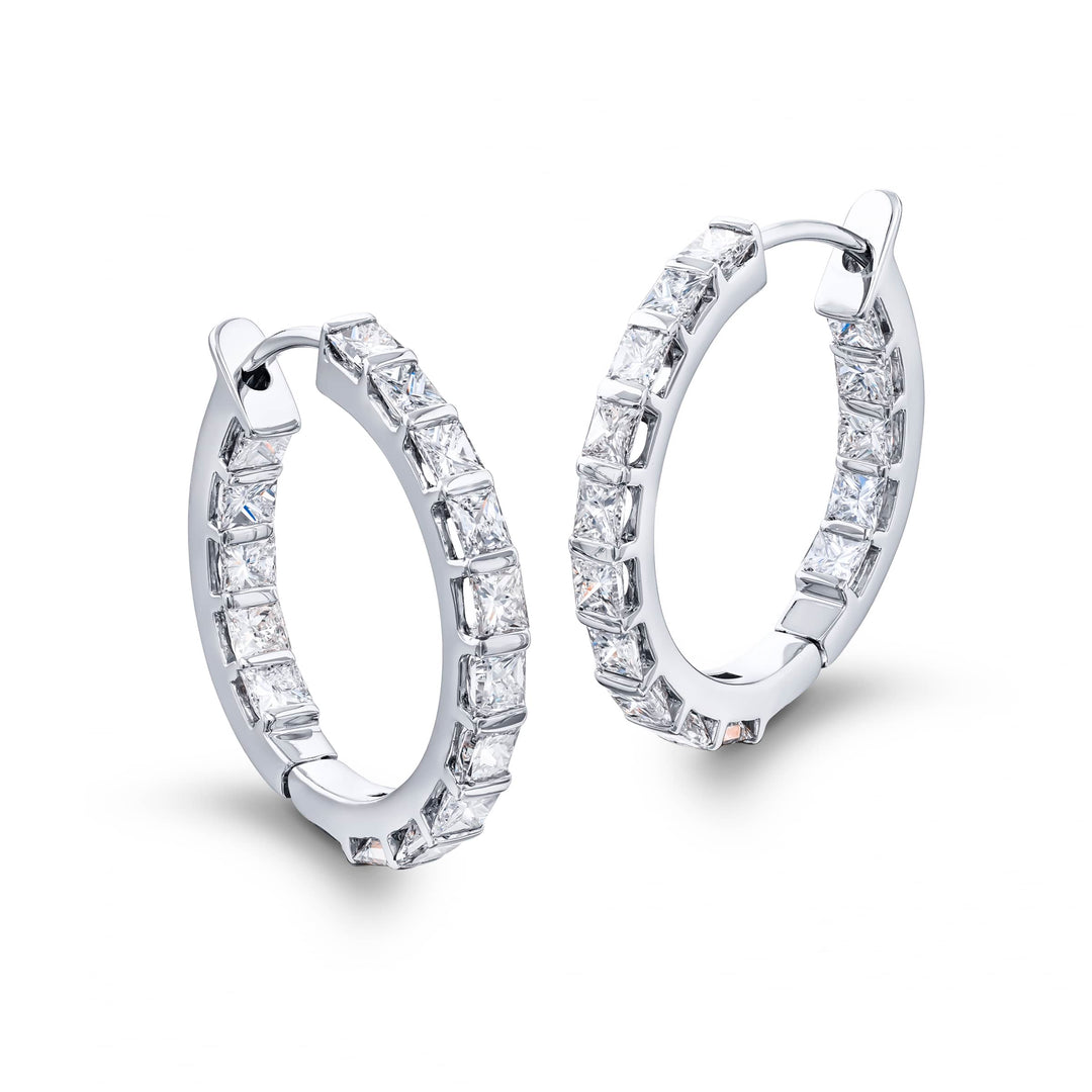 Platinum Princess-Cut Diamond Bar Set Hoop Earrings