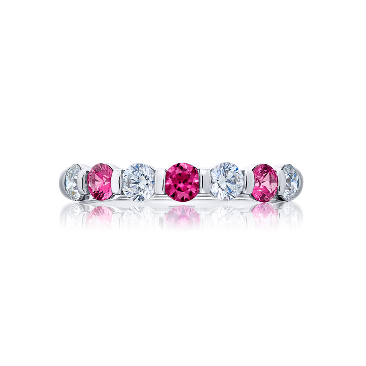 Elegance Elevated: Iconic Single-Row Pink Sapphire and Diamond Band in Pure Platinum