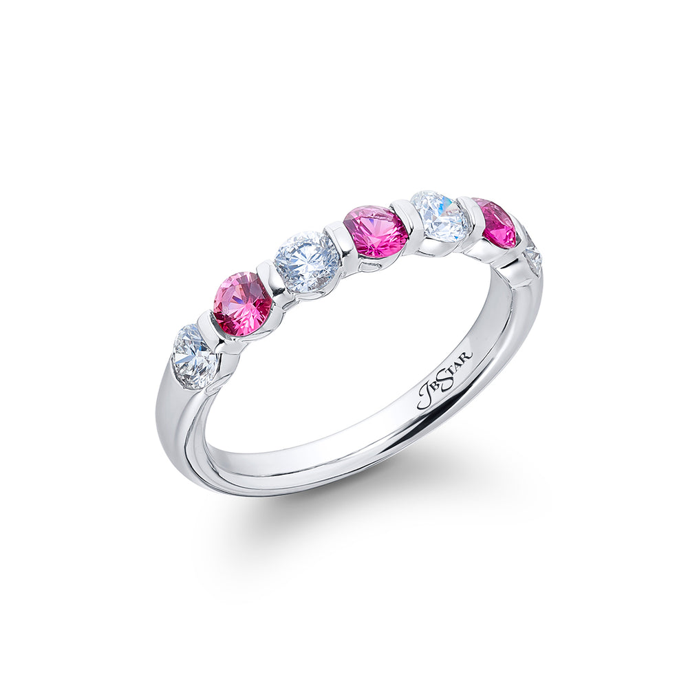 Elegance Elevated: Iconic Single-Row Pink Sapphire and Diamond Band in Pure Platinum