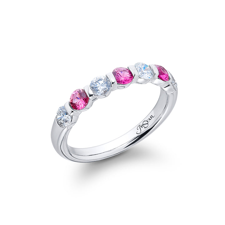 Elegance Elevated: Iconic Single-Row Pink Sapphire and Diamond Band in Pure Platinum