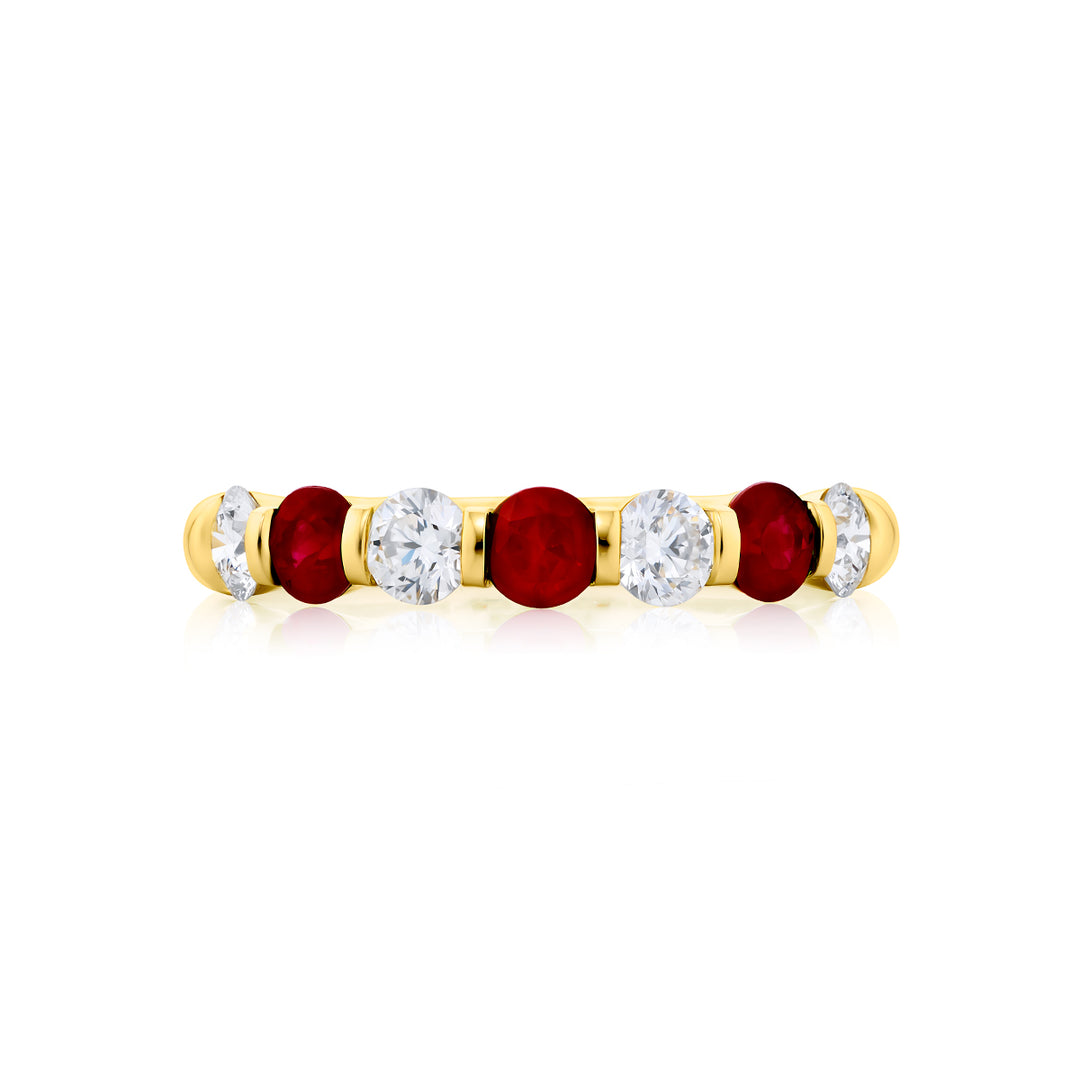 18K Yellow Gold Round Rubies and Diamond Bar Set Band