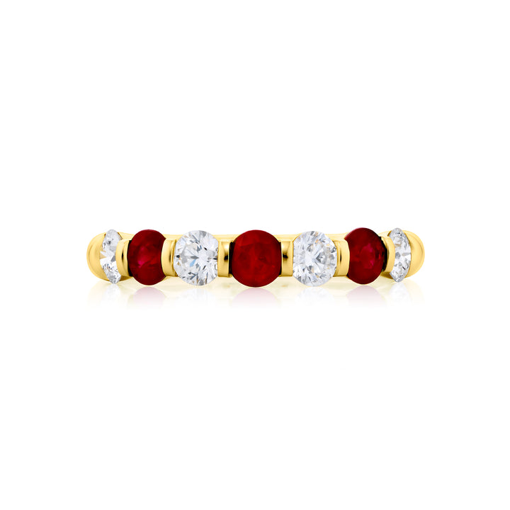 18K Yellow Gold Round Rubies and Diamond Bar Set Band