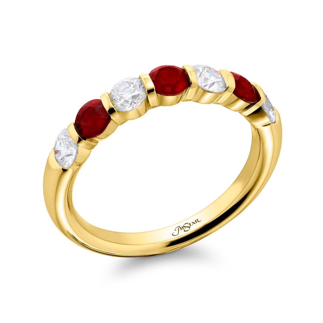 18K Yellow Gold Round Rubies and Diamond Bar Set Band