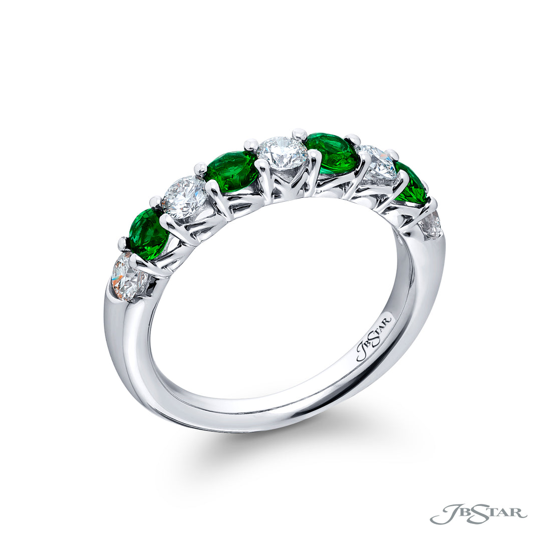 Platinum Round Emerald and Diamond Single-Row Band