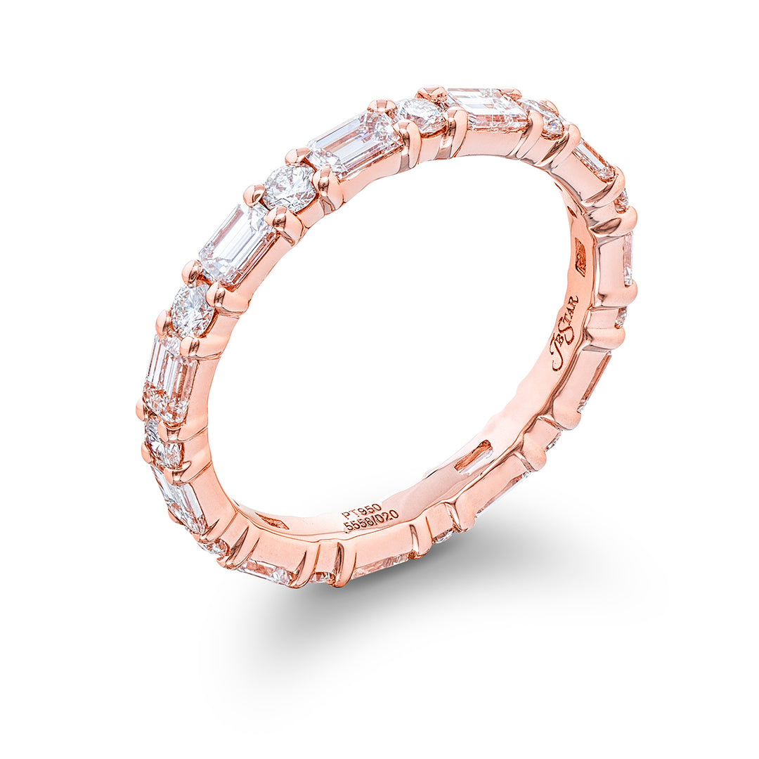 Alluring Eternity: Our stunning single row East-West Diamond Eternity Band. These emerald-cut diamonds blend round diamonds and are handcrafted in 18KY pink gold.