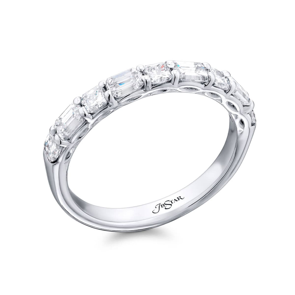 Elegance Elevated: Our stunning 1.08 ctw. East-West Diamond Band. These beautiful emerald-cut diamonds accompany radiant-cut diamonds and are handcrafted in pure platinum.
