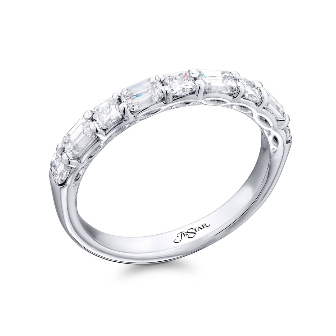 Elegance Elevated: Our stunning 1.08 ctw. East-West Diamond Band. These beautiful emerald-cut diamonds accompany radiant-cut diamonds and are handcrafted in pure platinum.
