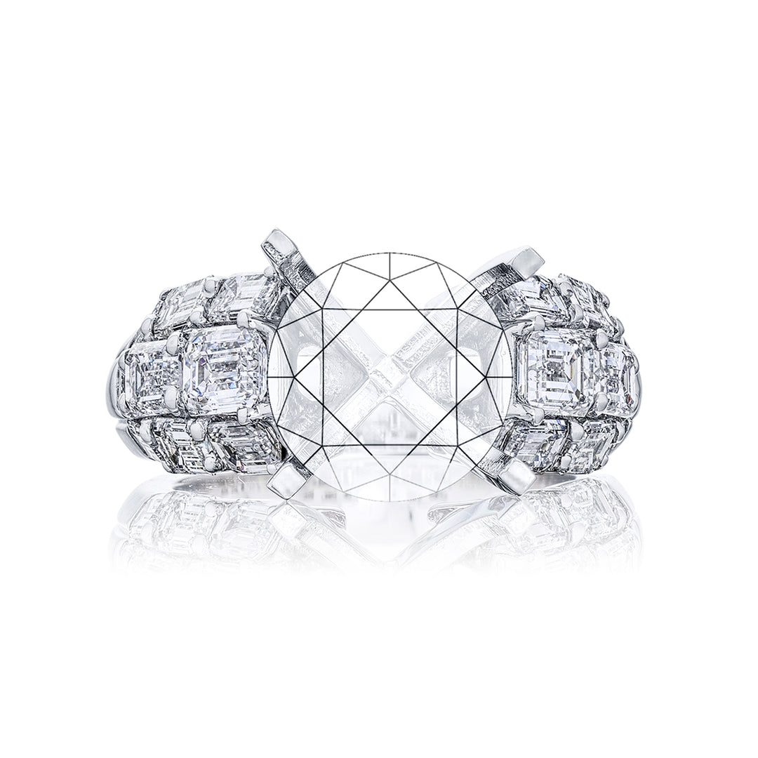 Dazzling Brilliance: Our timeless Three-Row Diamond Semi-mount. These stunning square emerald-cut diamonds blended with emerald-cut diamonds are handcrafted in pure platinum.