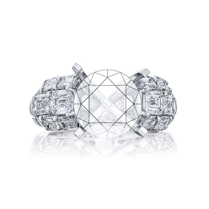 Dazzling Brilliance: Our timeless Three-Row Diamond Semi-mount. These stunning square emerald-cut diamonds blended with emerald-cut diamonds are handcrafted in pure platinum.