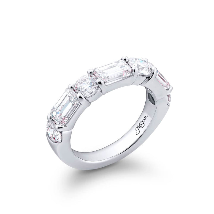 Platinum Emerald-Cut and Round Diamond Single-Row East-West Band