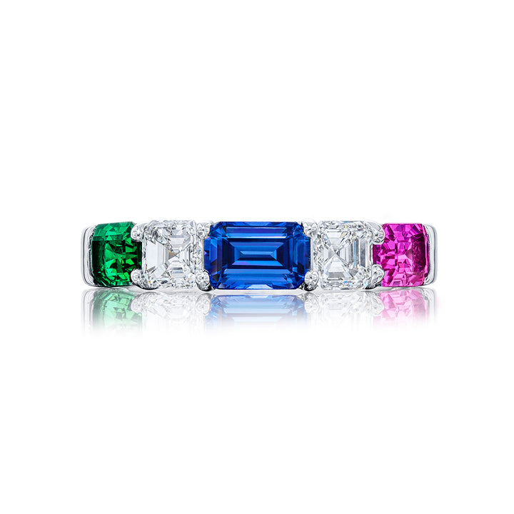 Elegance Elevated: Classic Single-Row Multi-Colored Sapphire and Diamond Band | Handcrafted in Platinum