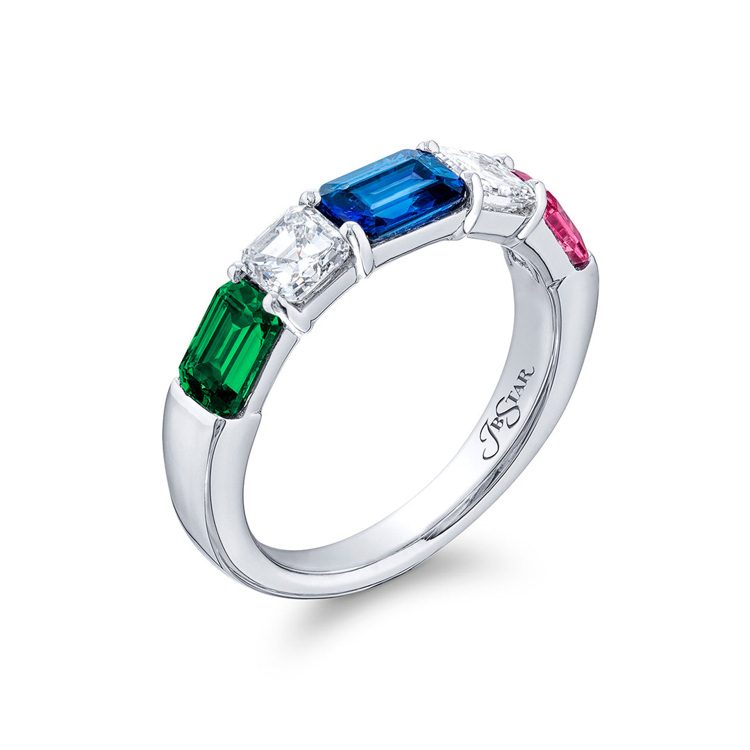Elegance Elevated: Classic Single-Row Multi-Colored Sapphire and Diamond Band | Handcrafted in Platinum