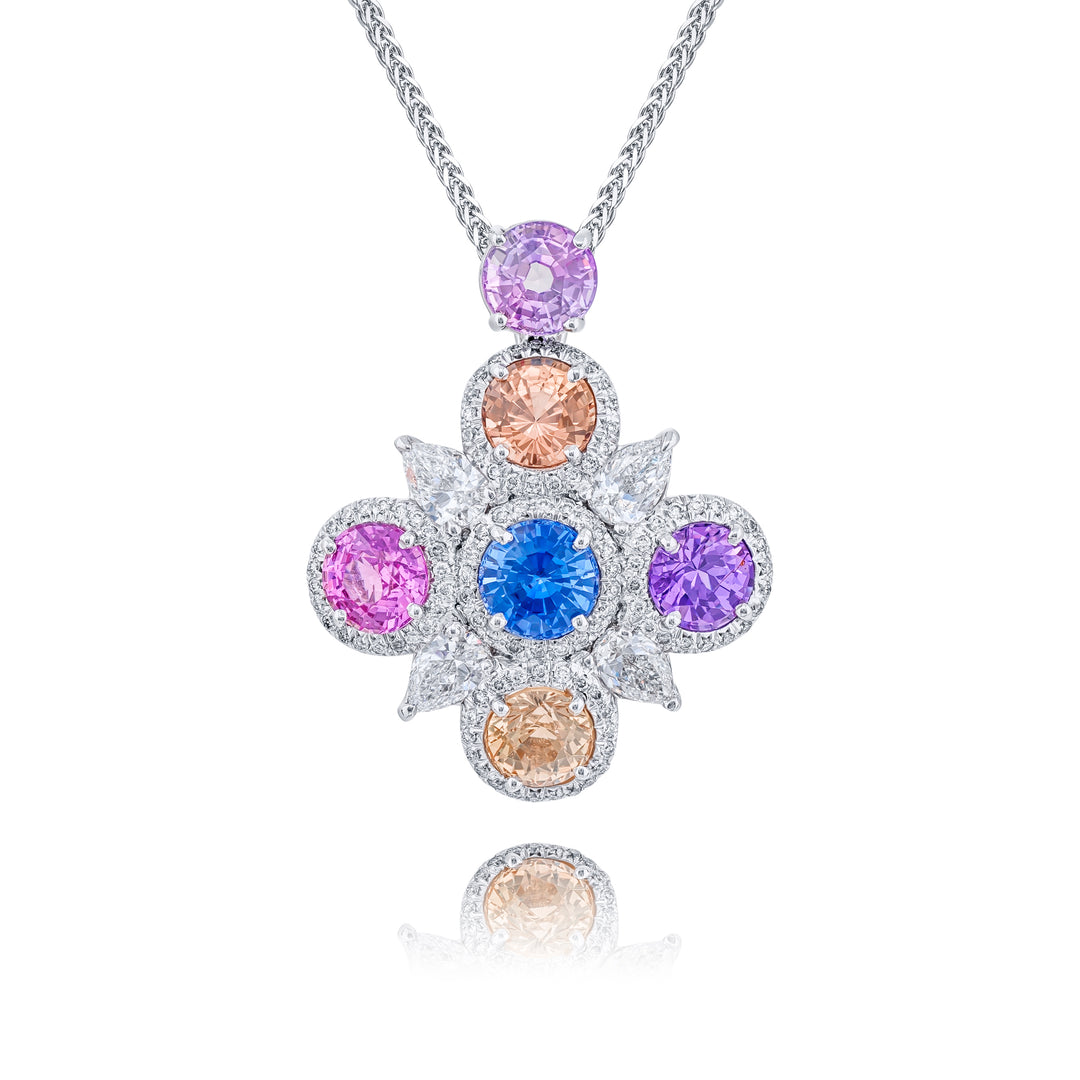 Exquisite Style: One-of-a-Kind Multi-Colored Sapphire Pendant  No-Heat Pear & Round Sapphires with Baguette Diamonds in Pure Platinum