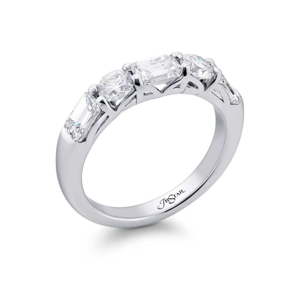 Elegance Elevated: Our classic single row East-West Diamond Band. These emerald-cut diamonds accompany round diamonds and are handcrafted in pure platinum.