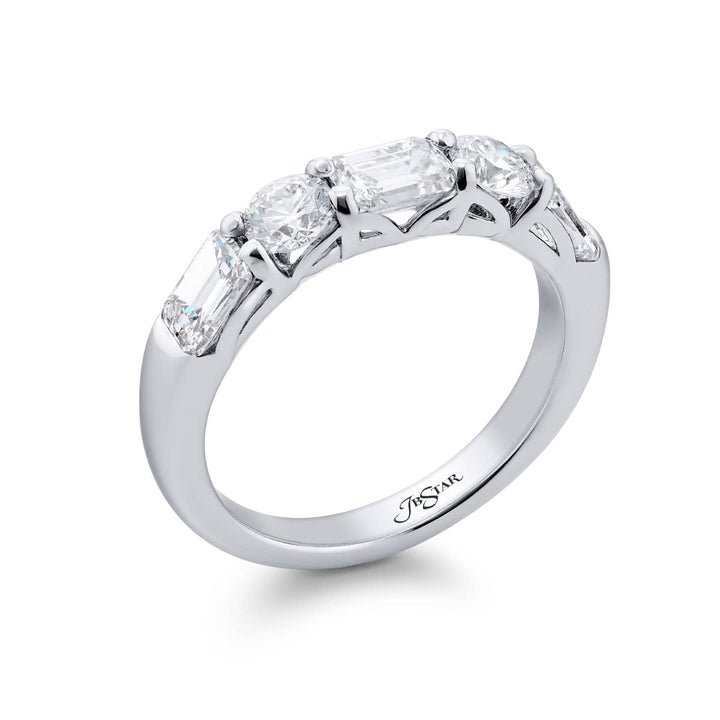 Elegance Elevated: Our classic single row East-West Diamond Band. These emerald-cut diamonds accompany round diamonds and are handcrafted in pure platinum.