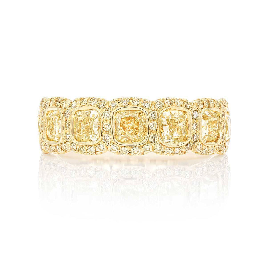 18K Yellow Gold Cushion-Cut Fancy Yellow Diamond Single-Row Bezel Set Micro Pave Band