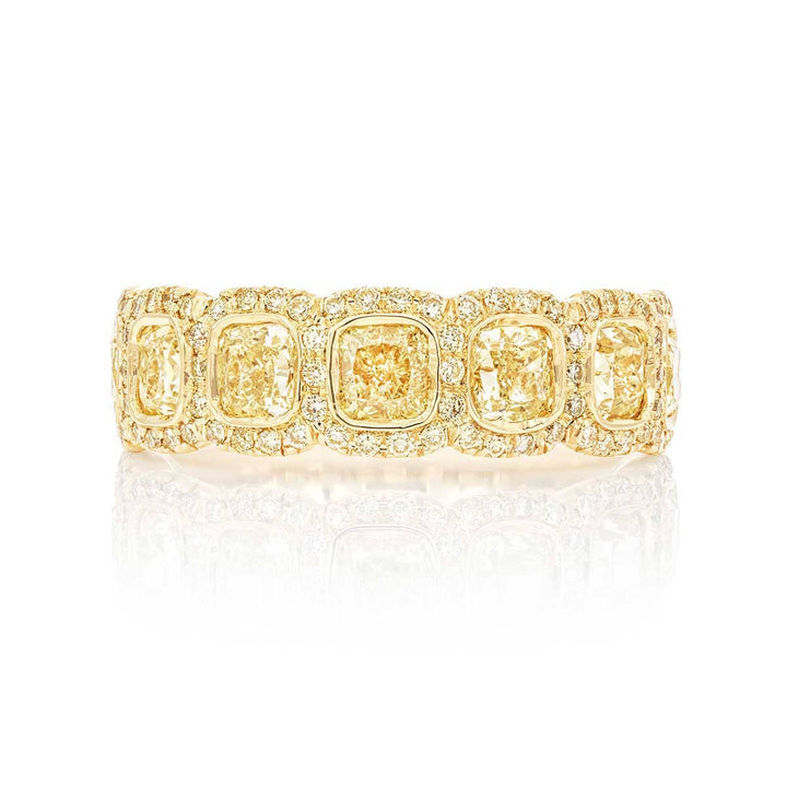18K Yellow Gold Cushion-Cut Fancy Yellow Diamond Single-Row Bezel Set Micro Pave Band