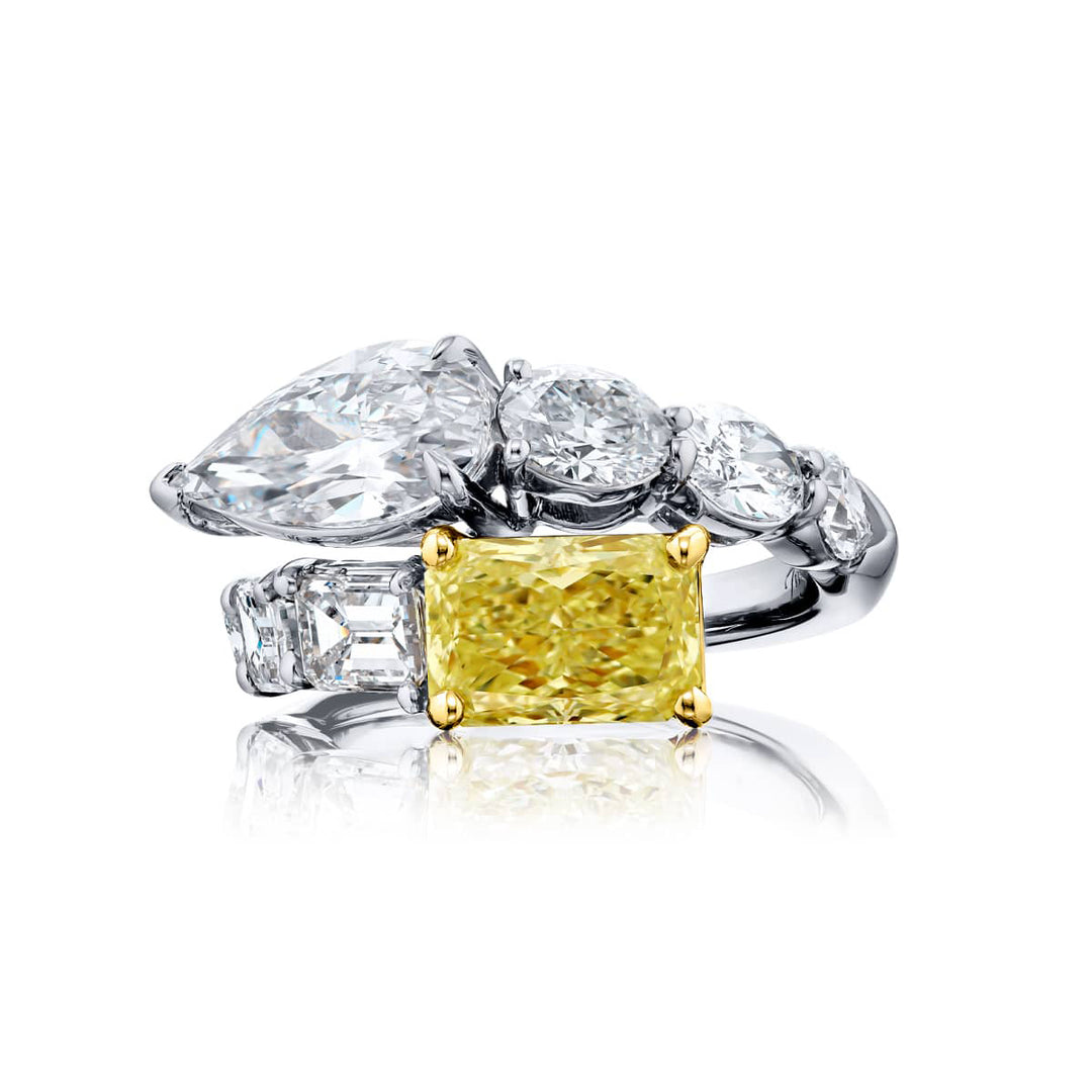 Dazzling Brilliance: Certified Twogether Diamond Ring  Cushion-Cut Diamonds with Oval Pear-Shaped & Emerald-Cut Accents in Pure Platinum & 18K Yellow Gold