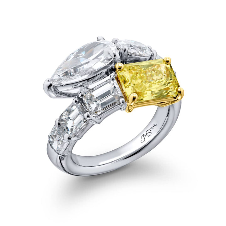 Dazzling Brilliance: Certified Twogether Diamond Ring  Cushion-Cut Diamonds with Oval Pear-Shaped & Emerald-Cut Accents in Pure Platinum & 18K Yellow Gold