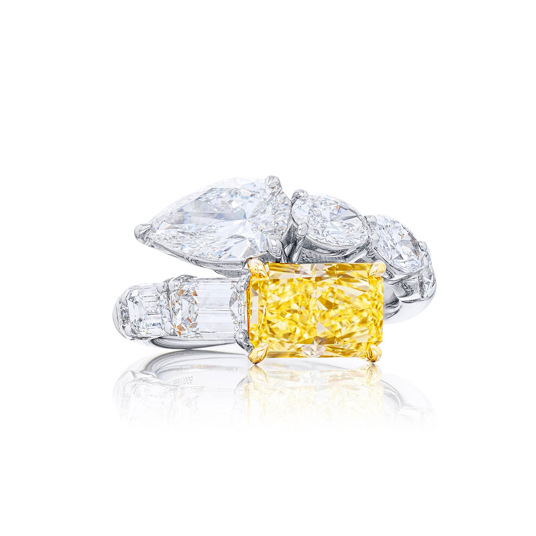 Dazzling Brilliance: Timeless Twogether Two-Stone Ring  GIA Certified Fancy Yellow Radiant-Cut & White Pear-Shaped Diamonds with Oval-Cut Diamonds in Pure Platinum