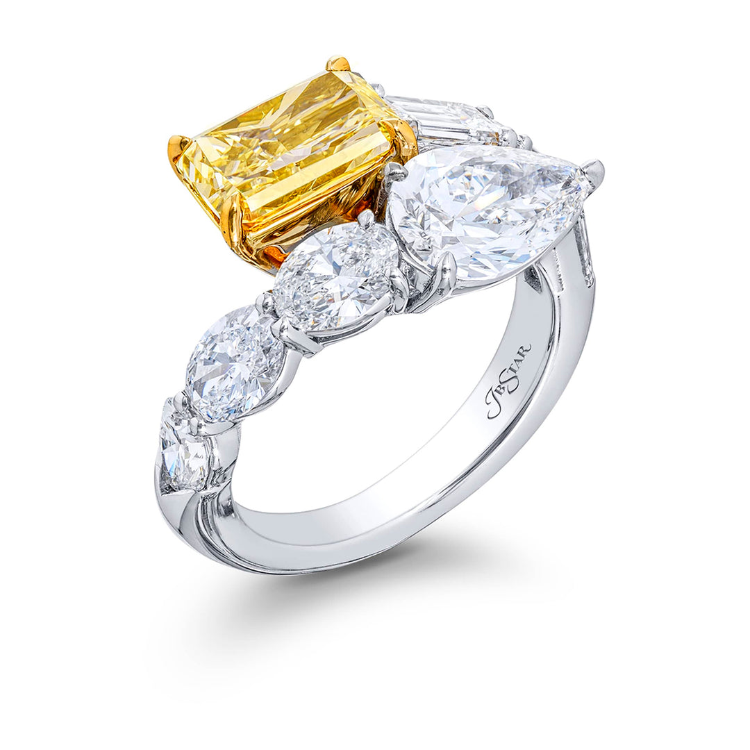 Dazzling Brilliance: Timeless Twogether Two-Stone Ring  GIA Certified Fancy Yellow Radiant-Cut & White Pear-Shaped Diamonds with Oval-Cut Diamonds in Pure Platinum