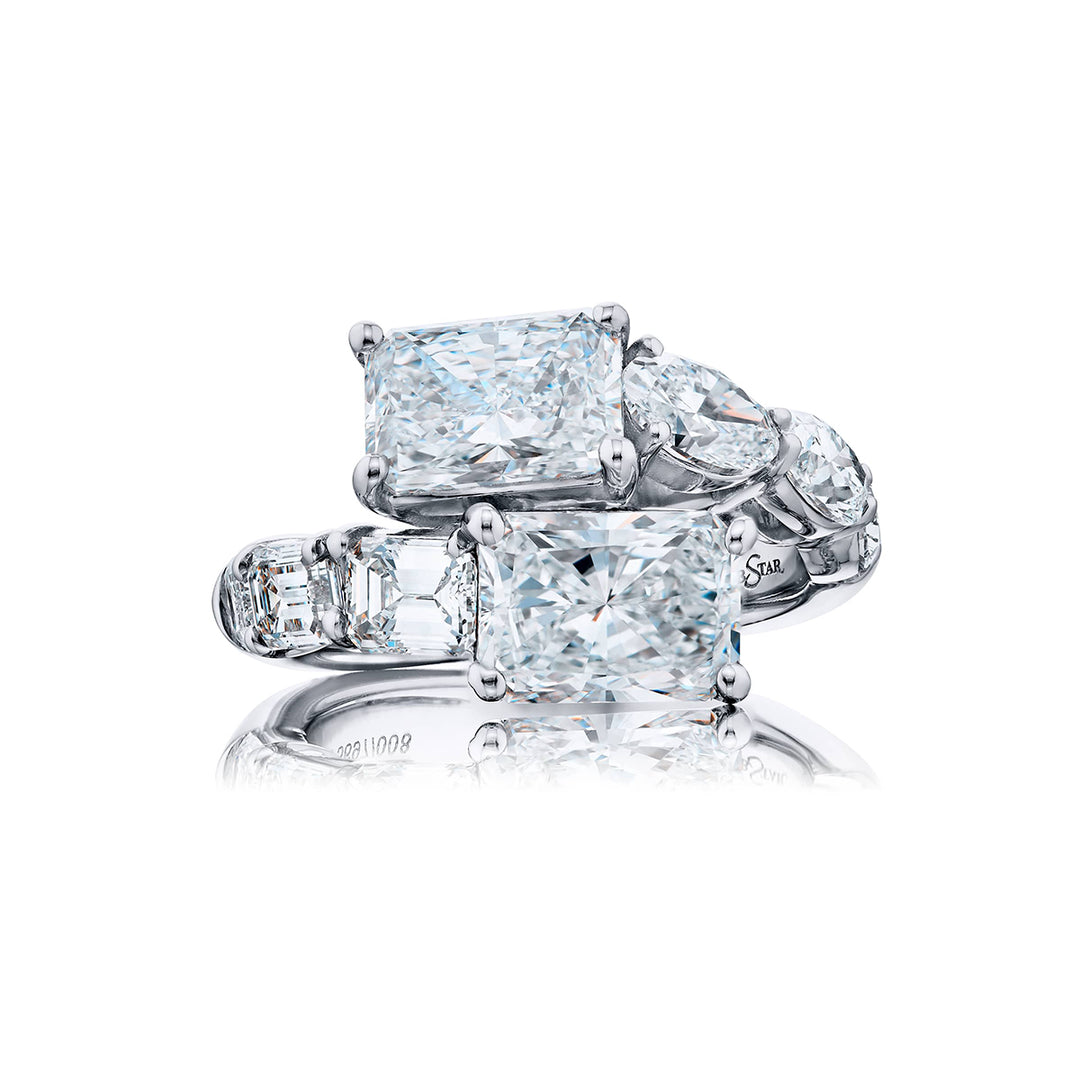 Dazzling Brilliance: Certified Twogether Diamond Ring  GIA Radiant-Cut Diamonds with Emerald-Cut Oval & Pear-Shaped Accents in Pure Platinum