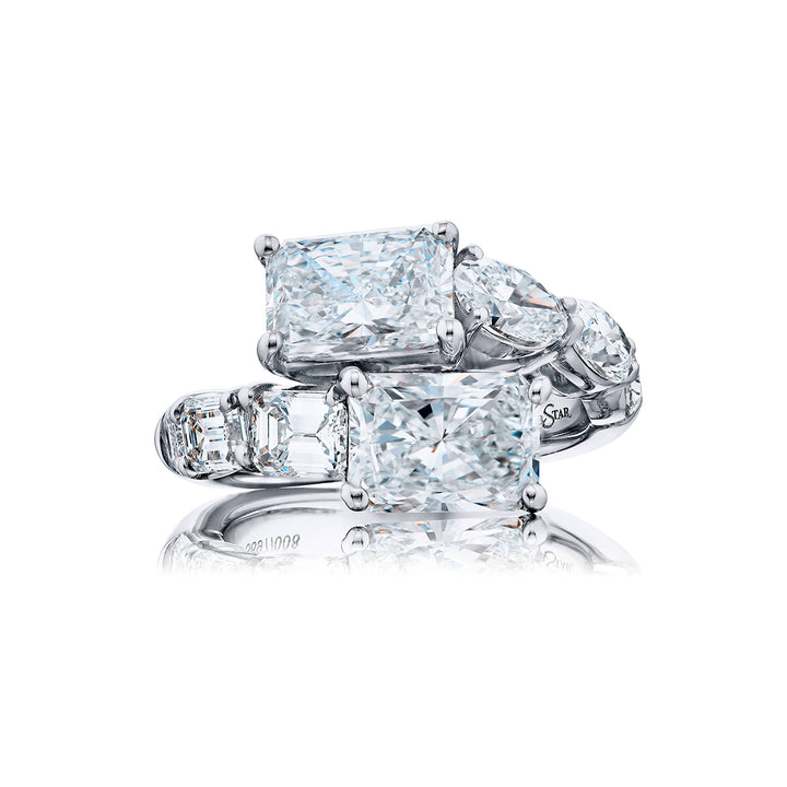Dazzling Brilliance: Certified Twogether Diamond Ring  GIA Radiant-Cut Diamonds with Emerald-Cut Oval & Pear-Shaped Accents in Pure Platinum