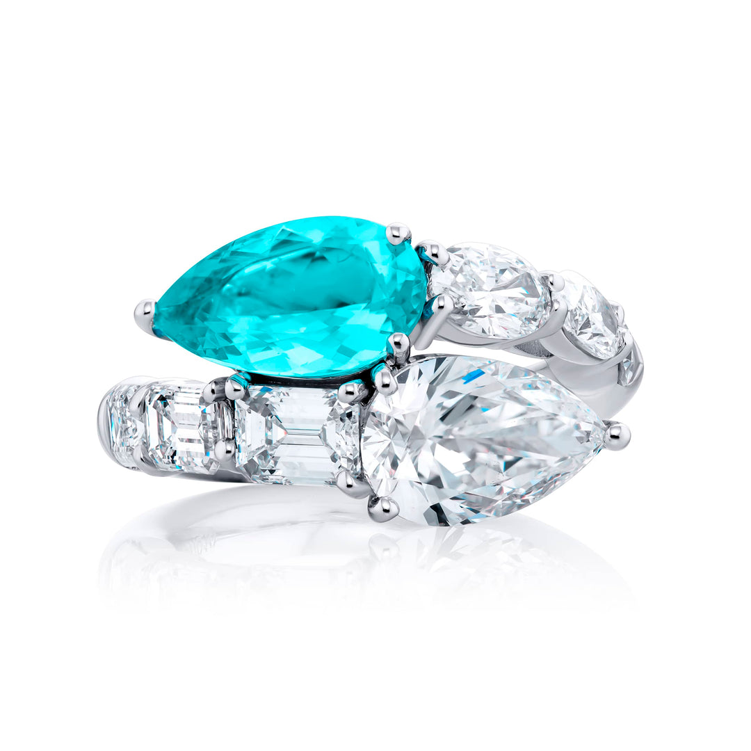 Dazzling Brilliance: 4.02 ctw Certified Twogether Diamond Ring  GIA Pear-Shaped Diamonds with Oval & Emerald-Cut Accents in Pure Platinum