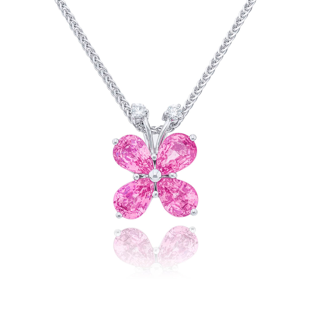 Platinum Pear-Shaped Pink Sapphire and Round Diamond Certified Butterfly Pendant