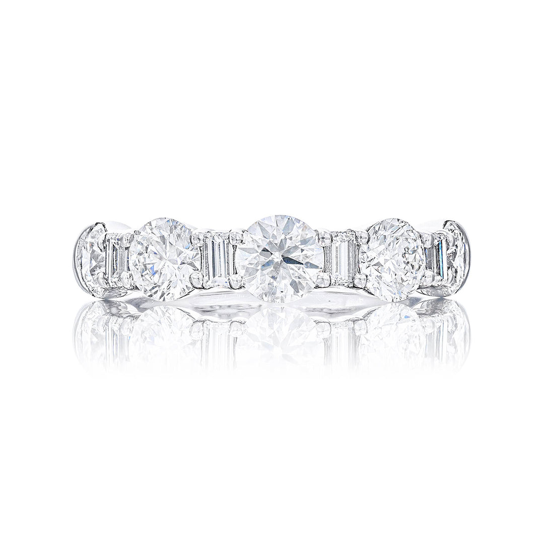 Platinum Straight Baguette and Round Diamond Single-Row Band