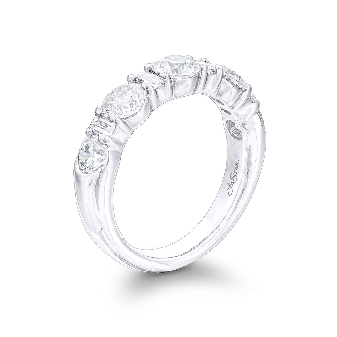Platinum Straight Baguette and Round Diamond Single-Row Band