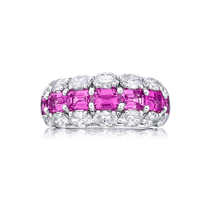 Platinum Emerald-Cut Pink Sapphire and Oval Diamond Three-Row East-West Band