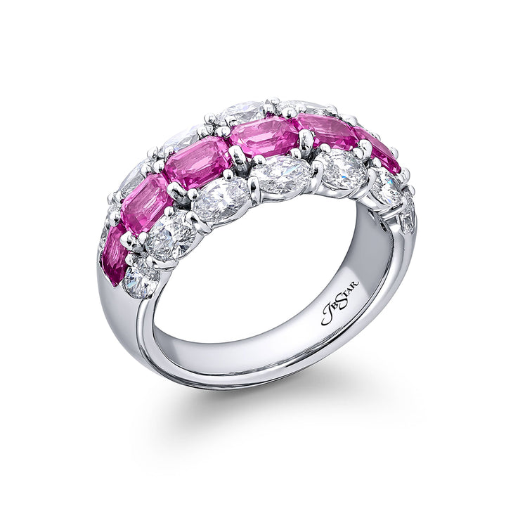 Platinum Emerald-Cut Pink Sapphire and Oval Diamond Three-Row East-West Band
