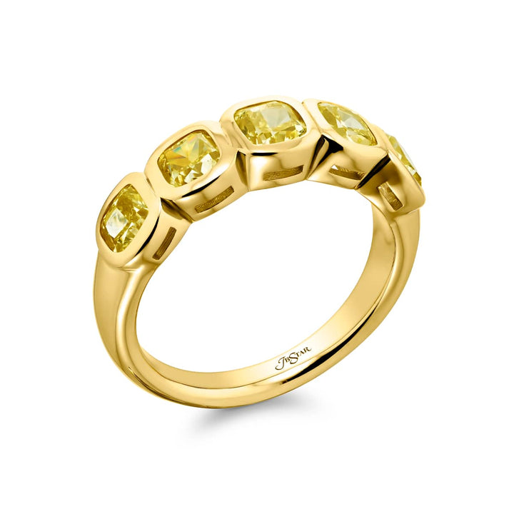 Elegance Elevated: Our stunning 2.31 ctw. Bezel Fancy Yellow Diamond Band. These five beautiful cushion-cut fancy yellow diamonds are handcrafted in 18KY gold.