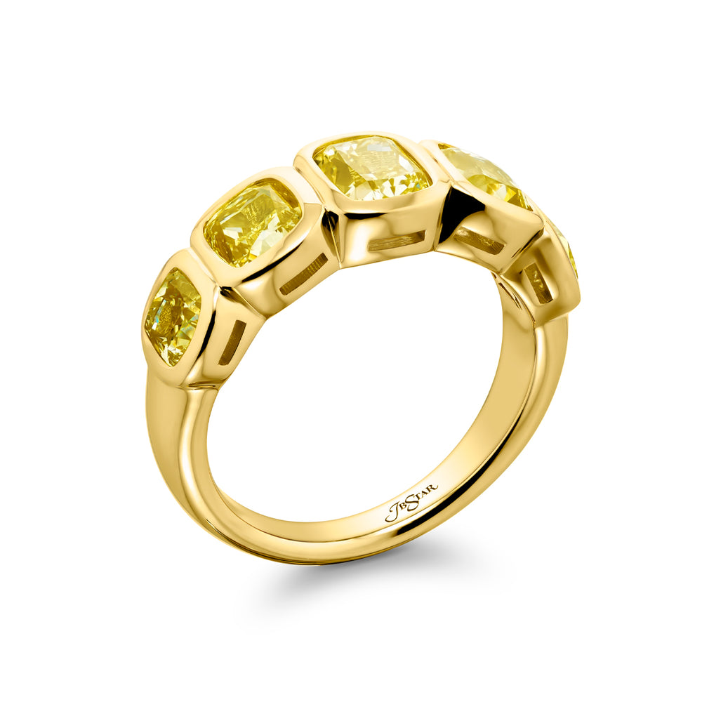 Elegance Elevated: Our stunning 3.55 ctw. Bezel Fancy Yellow Diamond Band. These five beautiful cushion-cut fancy yellow diamonds are handcrafted in 18KY gold.