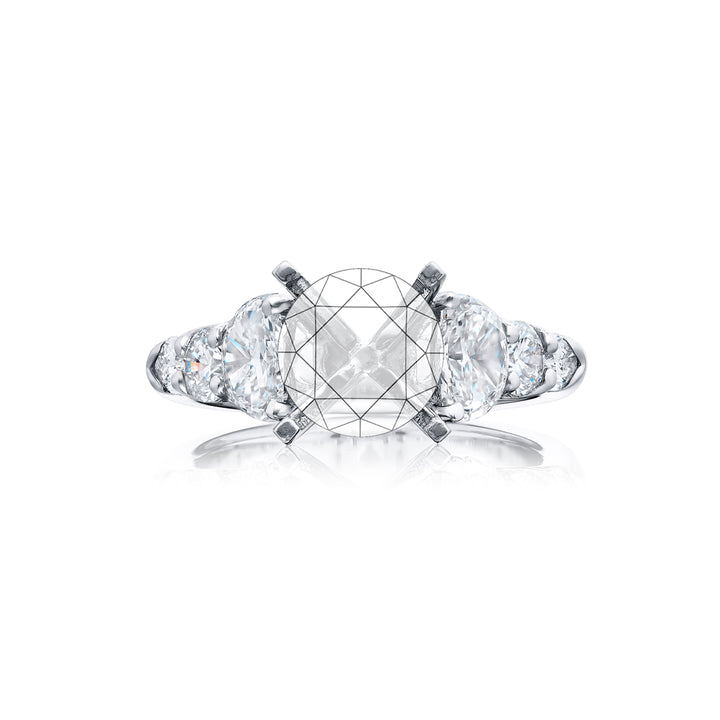 Dazzling Brilliance: Our timeless 1.21 ctw. Diamond Semi-mount. These stunning half-moon diamonds blended with round and shield diamonds are handcrafted in pure platinum.