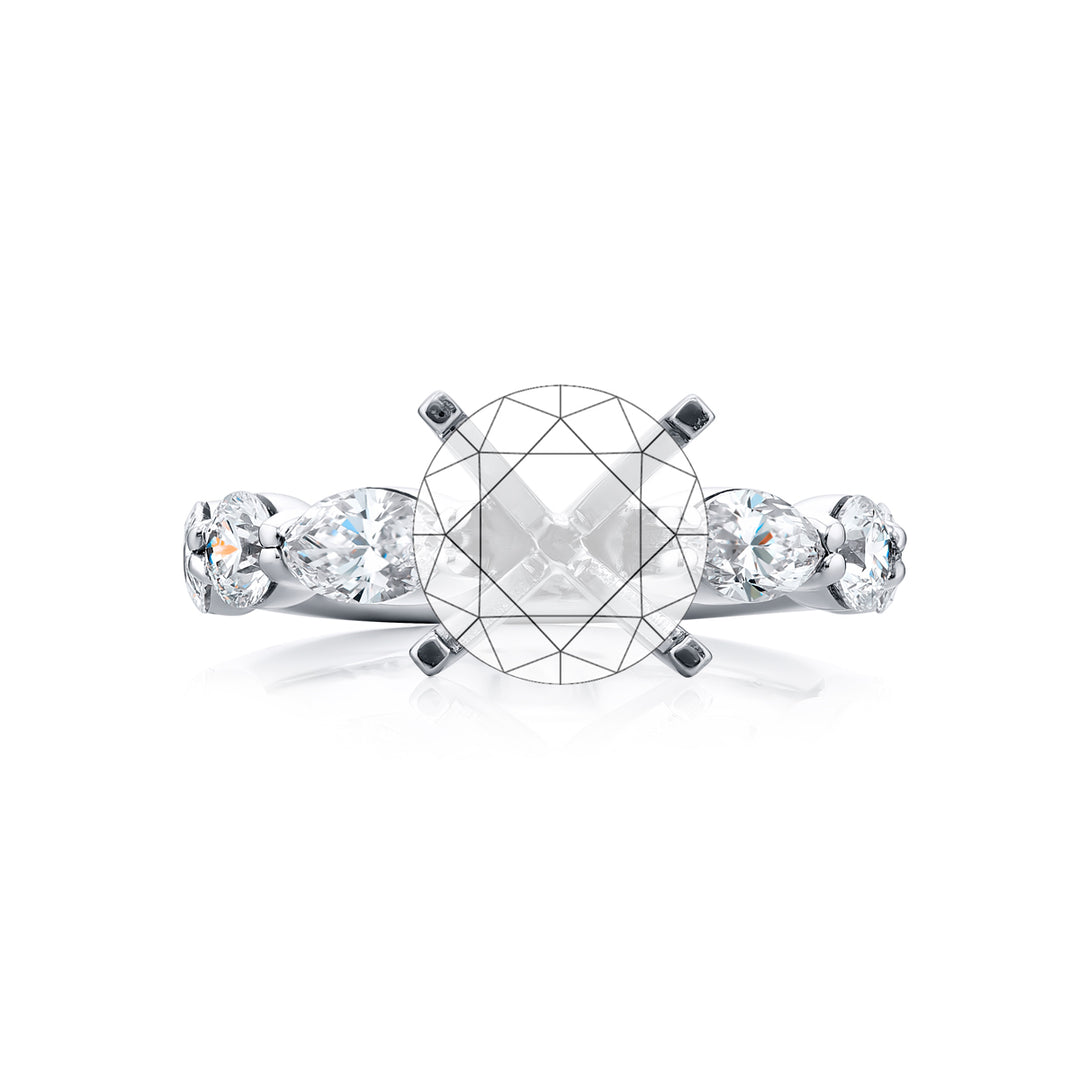 Dazzling Brilliance: Our timeless East-West Diamond Semi-mount. These two beautiful marquise diamonds and four dazzling round diamonds are handcrafted in pure platinum.