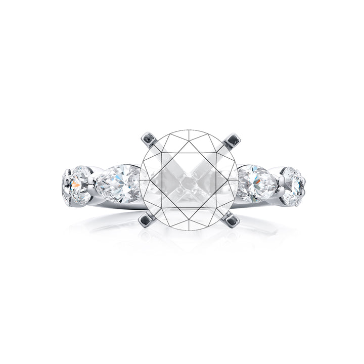 Dazzling Brilliance: Our timeless East-West Diamond Semi-mount. These two beautiful marquise diamonds and four dazzling round diamonds are handcrafted in pure platinum.
