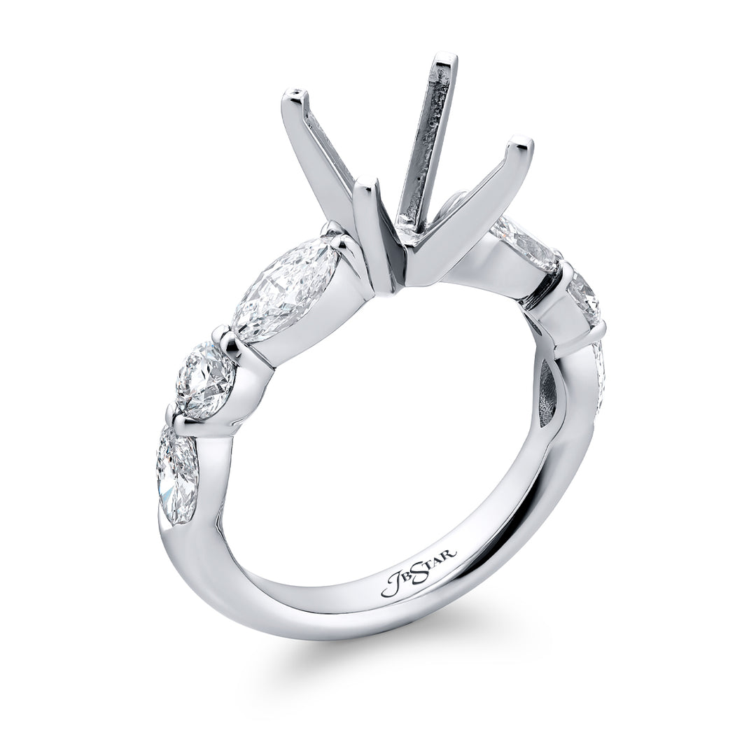 Dazzling Brilliance: Our timeless East-West Diamond Semi-mount. These two beautiful marquise diamonds and four dazzling round diamonds are handcrafted in pure platinum.