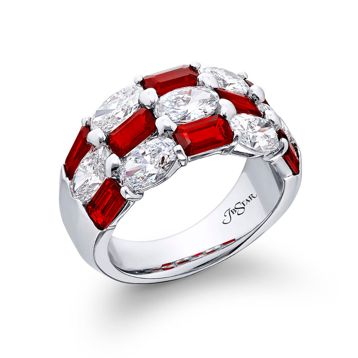 Elegance Elevated: Our iconic three-row Ruby and Diamond Band. These alternating emerald-cut rubies blend with oval diamonds and are handcrafted in pure platinum.