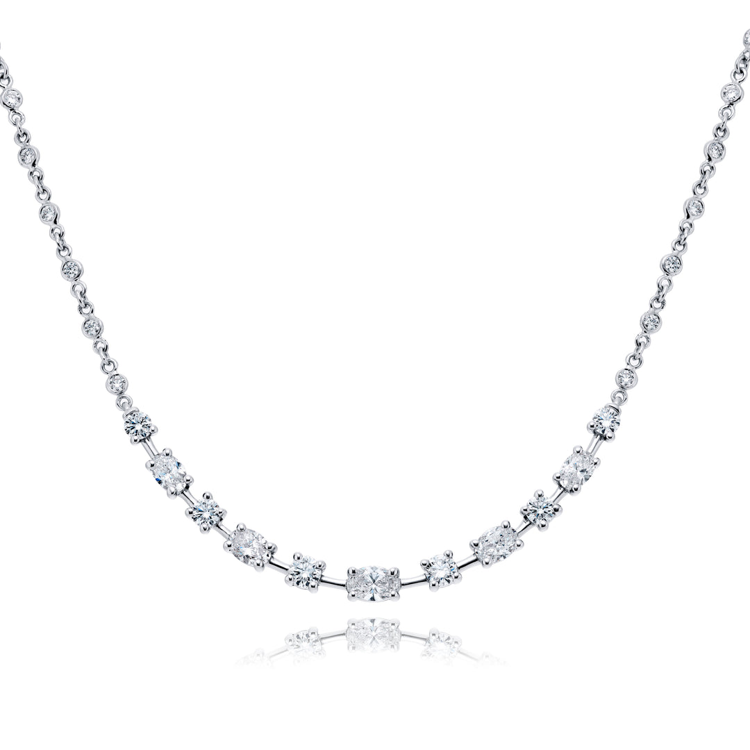 Platinum Oval and Round Diamond Swooped Pendant Necklace